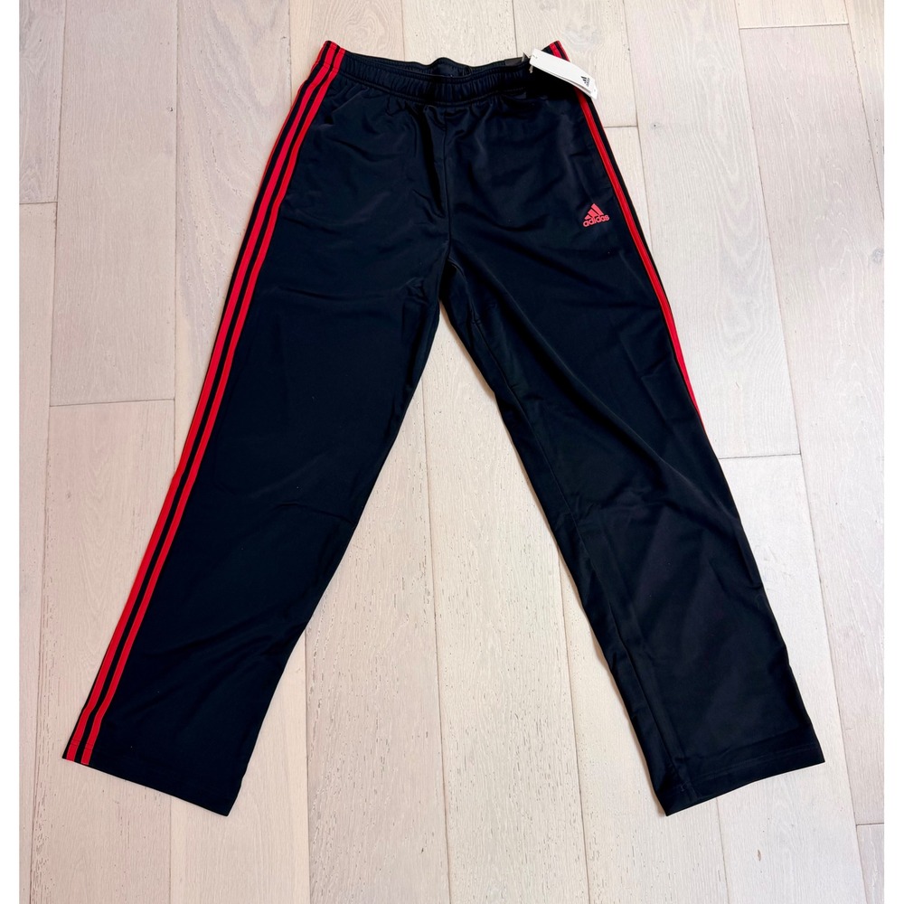 Adidas Mens Track Pants Black Red 3-Stripe Straight Leg Regular Fit Size LT NEW